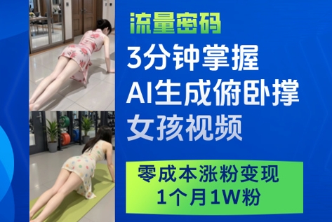 3分钟掌握AI生成俯卧撑女孩视频，零成本涨粉变现，1个月1W粉-鼎誉项目网