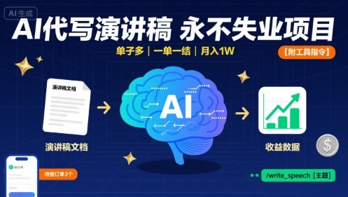 AI代写演讲稿，永不失业项目，单子多，一单一结，月入1W【附工具指令】-鼎誉项目网
