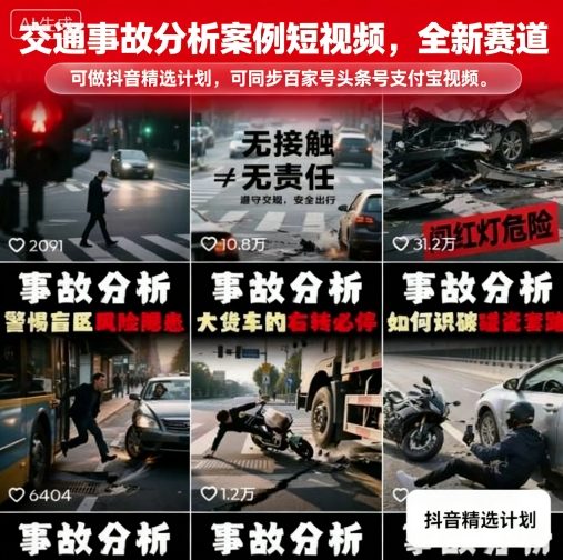 交通事故分析案例短视频，全新赛道，可做抖音精选计划，可同步百家号头条号支付宝视频号平台-鼎誉项目网