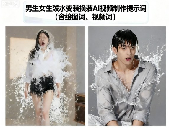 男生女生泼水变装换装AI视频制作提示词(含绘图词、视频词)-鼎誉项目网