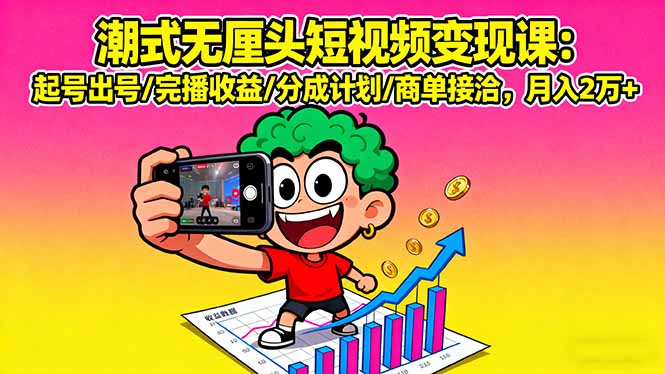 潮式无厘头短视频变现课：起号出号/完播收益/分成计划/商单接洽，月入2万+-鼎誉项目网