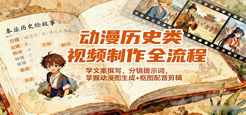 动漫历史类视频制作全流程，学文案撰写、分镜提示词，掌握动漫图生成+抠图配音剪辑-鼎誉项目网