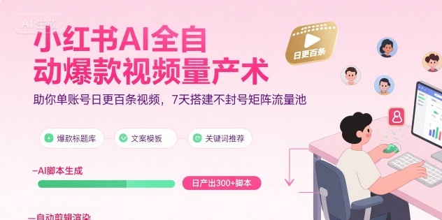 小红书AI全自动爆款视频量产术，助你单账号日更百条视频，7天搭建不封号矩阵流量池(更新9月)-鼎誉项目网