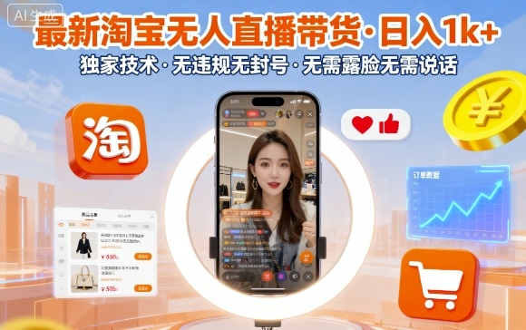 最新淘宝无人直播带货，日入1k+，独家技术，无违规无封号，无需露脸无需说话【揭秘】-鼎誉项目网