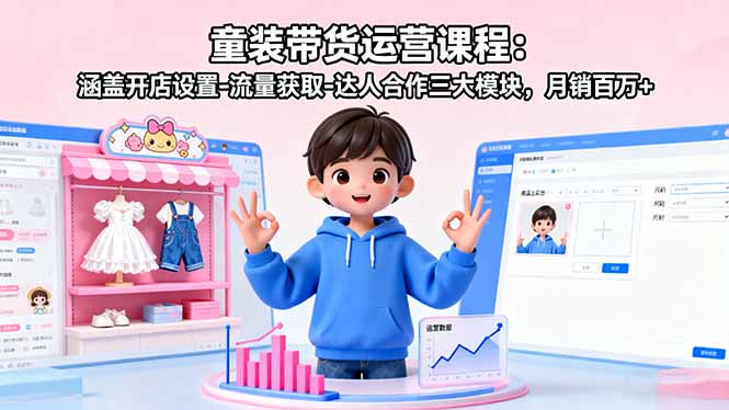 童装带货运营课程：涵盖开店设置-流量获取-达人合作三大模块，月销百万+-鼎誉项目网