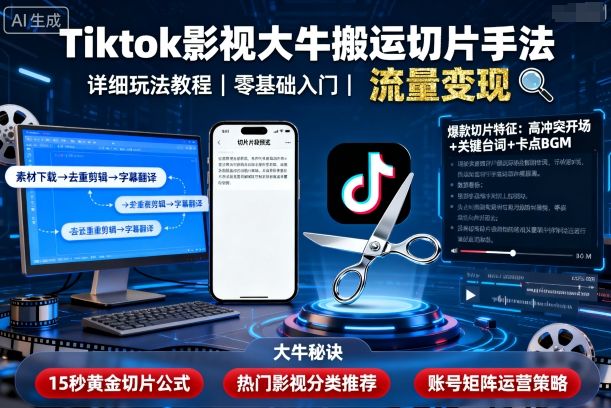 Tiktok影视大牛搬运切片手法，详细玩法教程-鼎誉项目网