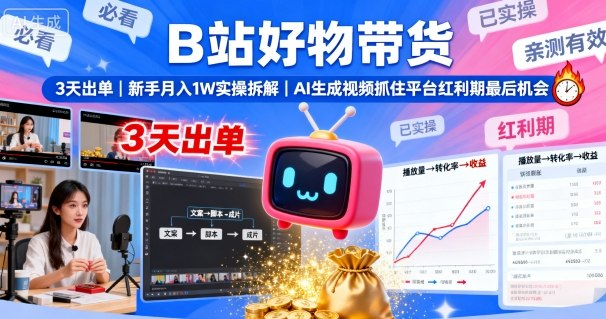 B站好物带货，3天出单，新手月入1W实操拆解，AI生成视频，抓住平台红利期最后机会-鼎誉项目网