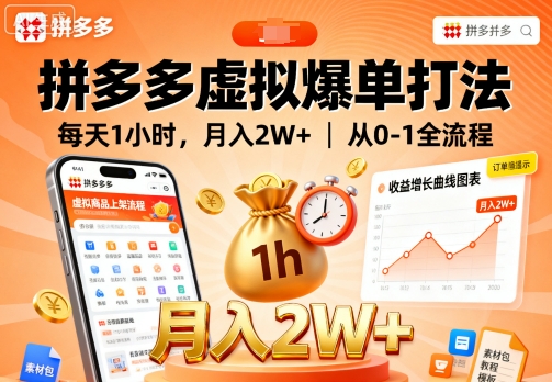 拼多多虚拟爆单打法,每天1小时,月入2W+,从0-1全流程