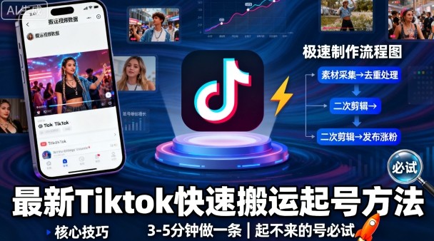 最新Tiktok快速搬运快速起号方法，3-5分钟做一条，起不来的号可以试试-鼎誉项目网