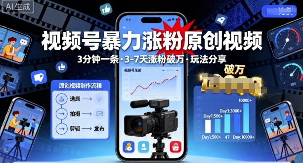 视频号暴力涨粉原创视频，3分钟一条原创视频，3-7天涨粉破万，玩法分享给你-鼎誉项目网