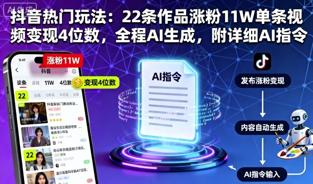 抖音热门玩法：22条作品涨粉11W单条视频变现4位数，全程AI生成，附详细AI指令-鼎誉项目网