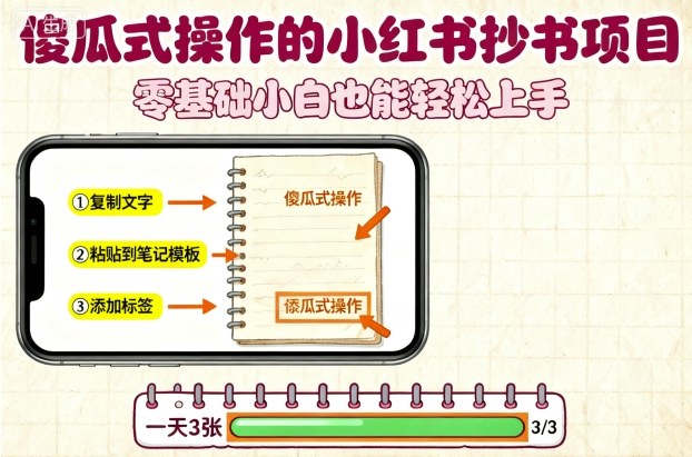 傻瓜式操作的小红书抄书项目，会复制粘贴就行，零基础小白也能一天3张-鼎誉项目网