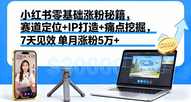 小红书零基础涨粉秘籍，赛道定位+IP打造+痛点挖掘，7天见效 单月涨粉5万+-鼎誉项目网