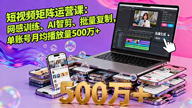 短视频矩阵运营课：网感训练、AI智剪、批量复制，单账号月均播放量500万+-鼎誉项目网