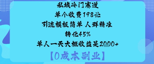 私域冷门赛道:单个收费198米引流模板简单人群精准转化45%单人一天大概收益是1k+-鼎誉项目网