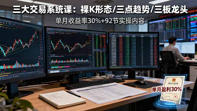 三大交易系统课：裸K形态/三点趋势/三板体系，单月收益率30%+92节实操内容-鼎誉项目网