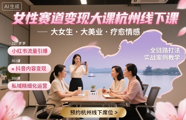 女性赛道变现大课杭州线下，大女生，大美业，疗愈情感，一套小红书、抖音、私域全链路打法-鼎誉项目网