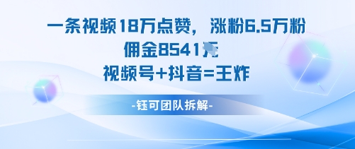 一条视频18W点赞，涨粉6.5W粉佣金8541米，视频号+抖音=王炸-鼎誉项目网