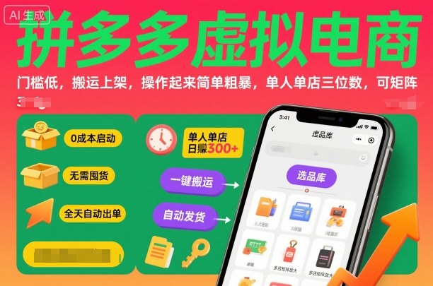 拼多多虚拟电商，门槛低，搬运上架，操作起来简单粗暴，单人单店三位数，可矩阵-鼎誉项目网