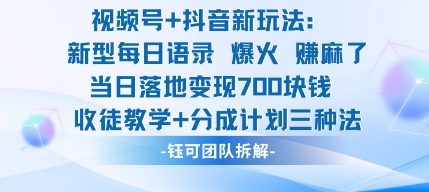 视频号加抖音新玩法：爆火新型每日语录，收徒教学加分成计划，三种变现玩法，当日变现7张-鼎誉项目网
