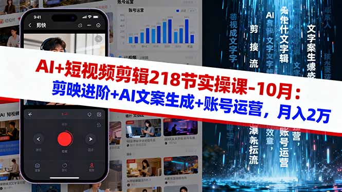 AI+短视频剪辑218节实操课-10月：剪映进阶+AI文案生成+账号运营，月入2万-鼎誉项目网