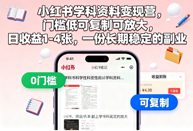 小红书学科资料变现营，门槛低可复制可放大，日收益1-4张，一份长期稳定的副业-鼎誉项目网