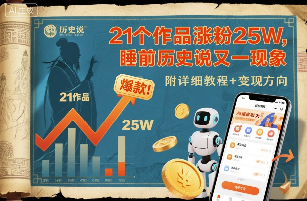 21个作品涨粉25W，睡前历史说又一现象级AI内容大爆款来啦，附详细教程+变现方向-鼎誉项目网