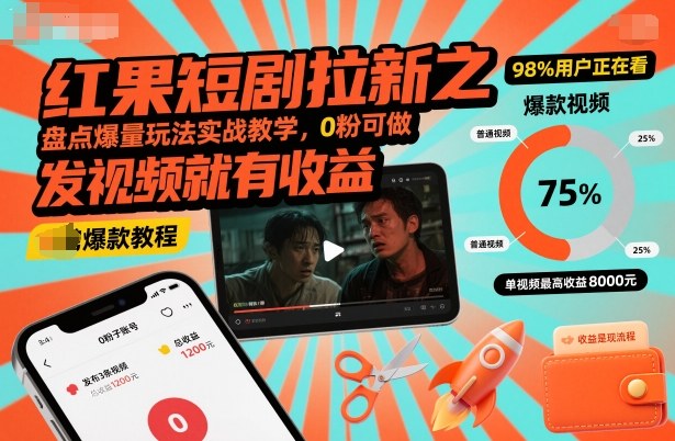 红果短剧拉新之盘点爆量玩法实战教学，0粉可做，发视频就有收益-鼎誉项目网