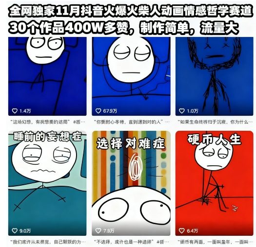 全网独家11月抖音火爆火柴人动画情感哲学赛道，30个作品400W多赞，制作简单，流量大【教学+素材】-鼎誉项目网