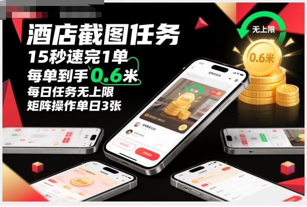 酒店截图任务，15秒速完1单，每单到手0.6米，每日任务无上限，全网首发玩法，矩阵操作单日3张【揭秘】-鼎誉项目网