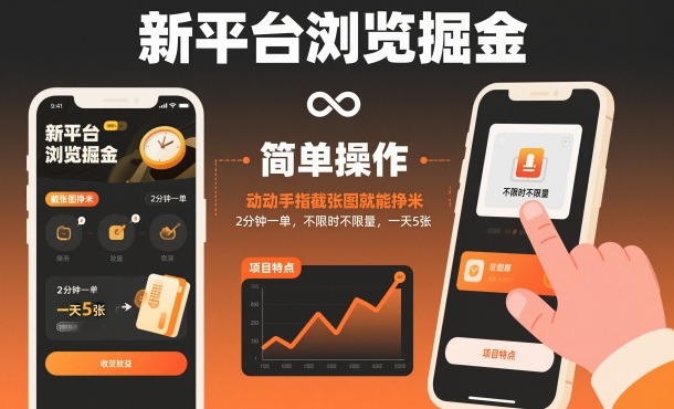 新平台浏览掘金，动动手指截张图就能挣米，2分钟一单，不限时不限量，一天5张【揭秘】-鼎誉项目网
