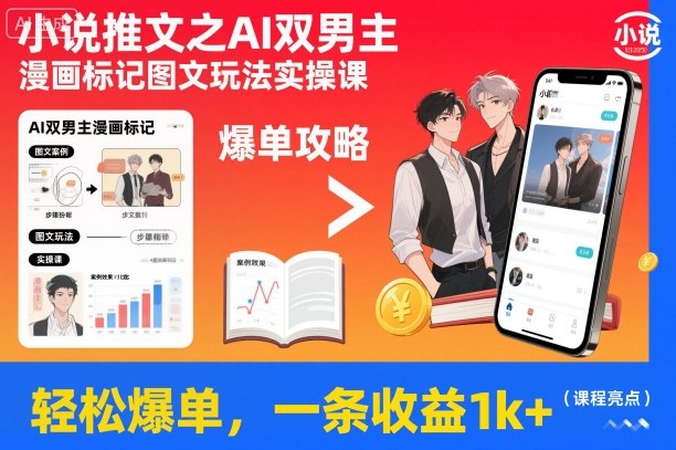 小说推文之AI双男主漫画标记图文玩法实操课，轻松爆单，一条收益1k+-鼎誉项目网