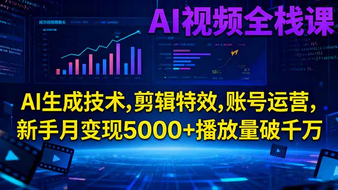 AI视频全栈课:AI生成技术,剪辑特效,账号运营,新手月变现5000+播放量破千万-鼎誉项目网