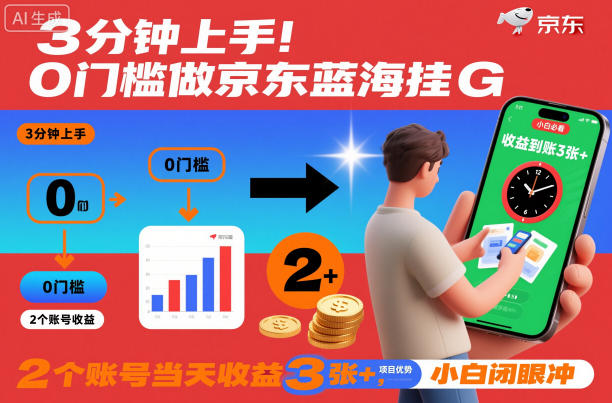 3分钟上手！0门槛做京东蓝海全自动掘金，2个账号当天收益3张+，小白闭眼冲【揭秘】-鼎誉项目网