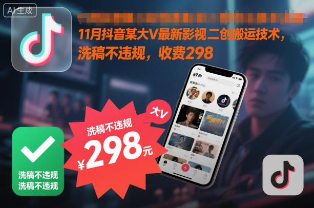 11月抖音某大V最新影视二创搬运技术，洗稿不违规，收费298-鼎誉项目网