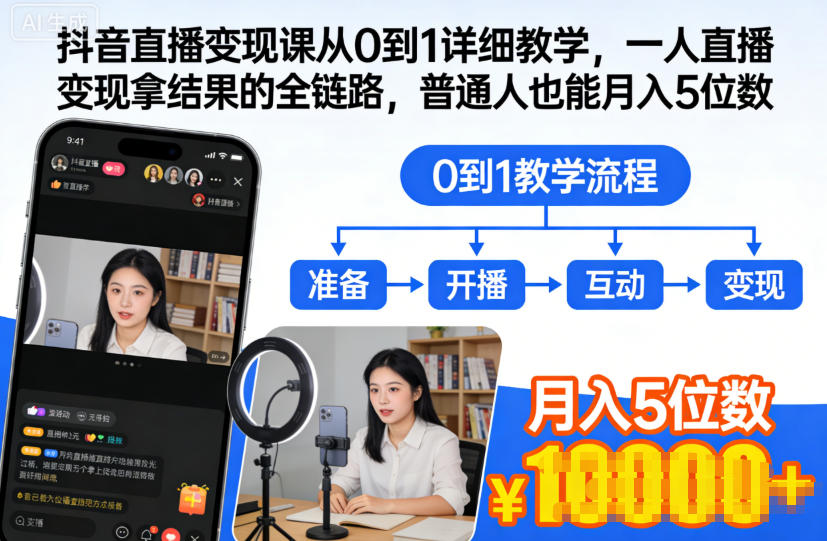 抖音直播变现课从0到1详细教学，一人直播变现拿结果的全链路，普通人也能月入5位数-鼎誉项目网