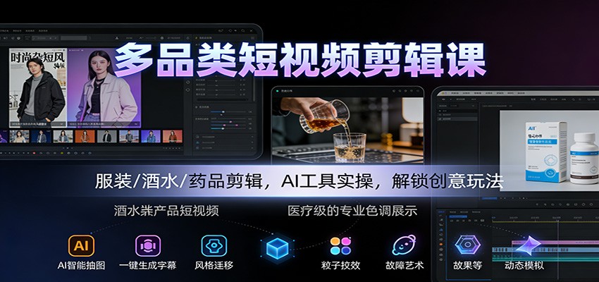 多品类短视频剪辑课：服装/酒水/药品剪辑，AI工具实操，解锁创意玩法-鼎誉项目网