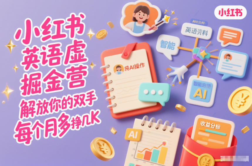 小红书英语虚拟资料掘金营，纯AI操作，解放你的双手，每个月多挣几K-鼎誉项目网