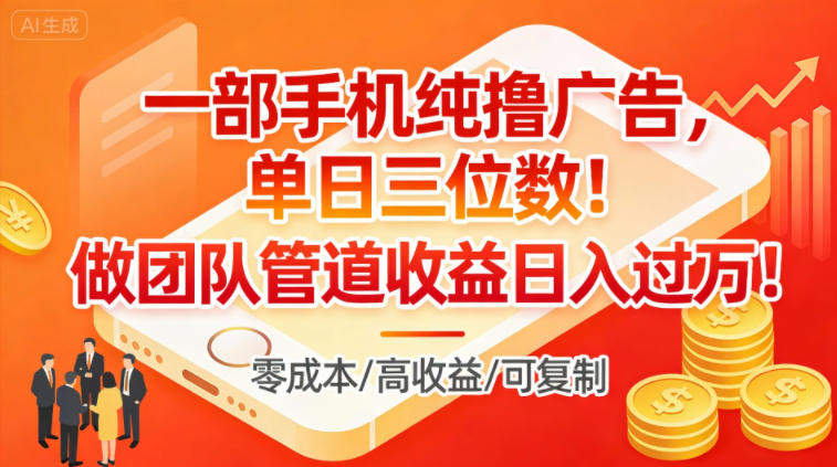 一部手机纯撸广告，单日三位数，做团队管道收益日入过1W-鼎誉项目网