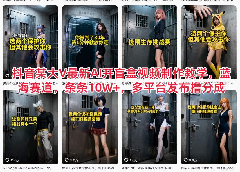 抖音某大V最新AI开盲盒视频制作教学，蓝海赛道，条条10W+，多平台发布撸分成-鼎誉项目网