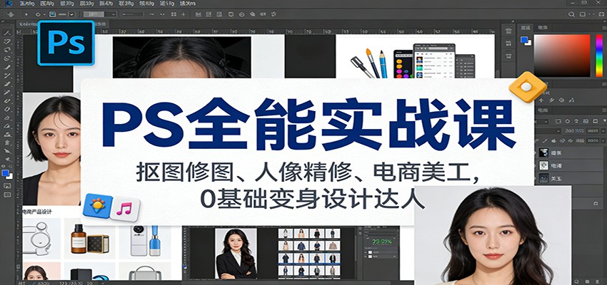 PS全能实战课：抠图修图、人像精修、电商美工，0基础变身设计达人-鼎誉项目网