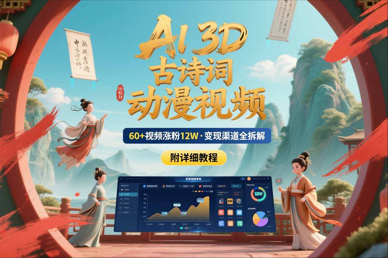 AI制作3D古诗词动漫视频，60多个视频涨粉12W，多个变现渠道拆解【附详细教程】-鼎誉项目网
