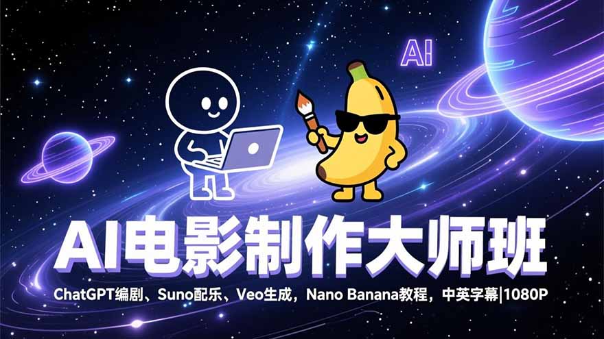 AI电影制作大师班：ChatGPT编剧、Suno配乐、Veo生成，Nano Banana教程，中英字幕|1080P-鼎誉项目网