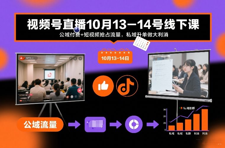 视频号直播10月13-14号线下课，公域付费+短视频抢占流量，私域升单做大利消-鼎誉项目网