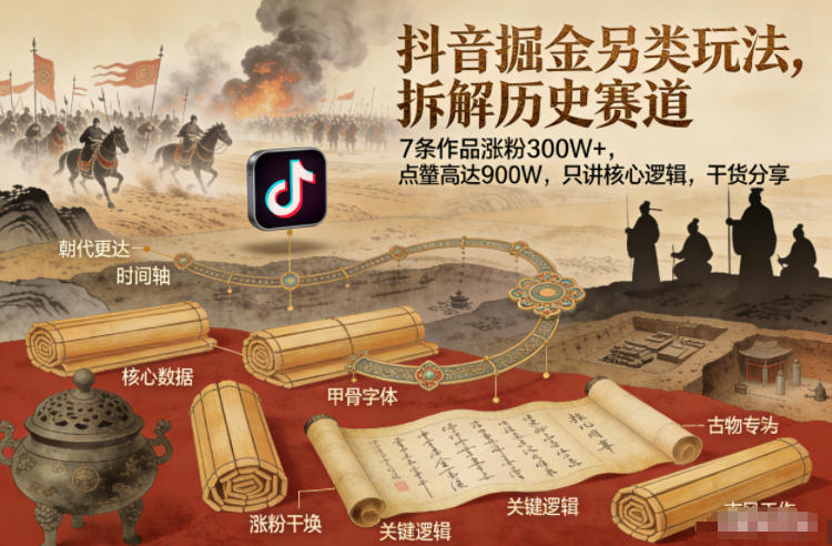 抖音掘金另类玩法，拆解历史赛道，7条作品涨粉300W+，点赞量高达900W，只讲核心逻辑，干货分享-鼎誉项目网