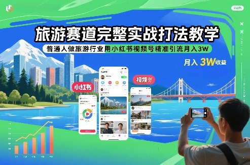 旅游赛道完整实战打法教学，普通人做旅游行业用小红书视频号精准引流月入3W-鼎誉项目网