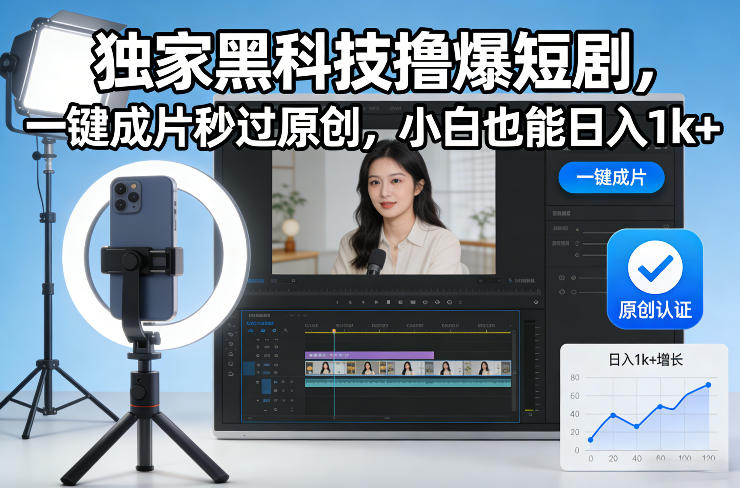 独家黑科技撸爆短剧，一键成片秒过原创，小白也能日入1k+【揭秘】-鼎誉项目网