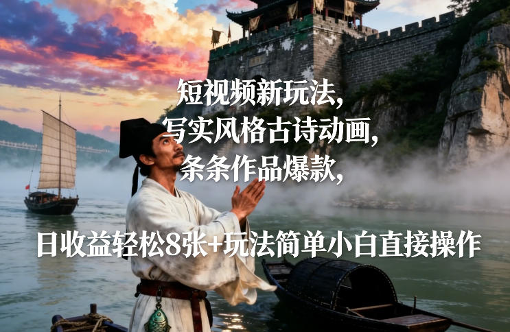 短视频新玩法，写实风格古诗动画，条条作品爆款，日收益轻松8张+玩法简单小白直接操作-鼎誉项目网