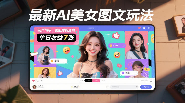 最新AI美女图文玩法，制作简单，吸引男粉变现，单天收益7张-鼎誉项目网