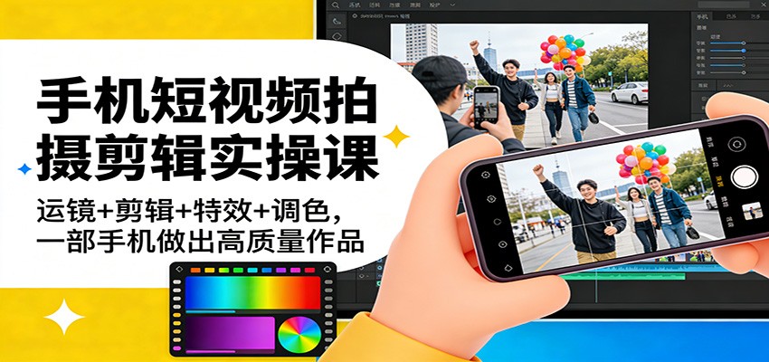 手机短视频拍摄剪辑实操课：运镜+剪辑+特效+调色，一部手机做出高质量作品-鼎誉项目网
